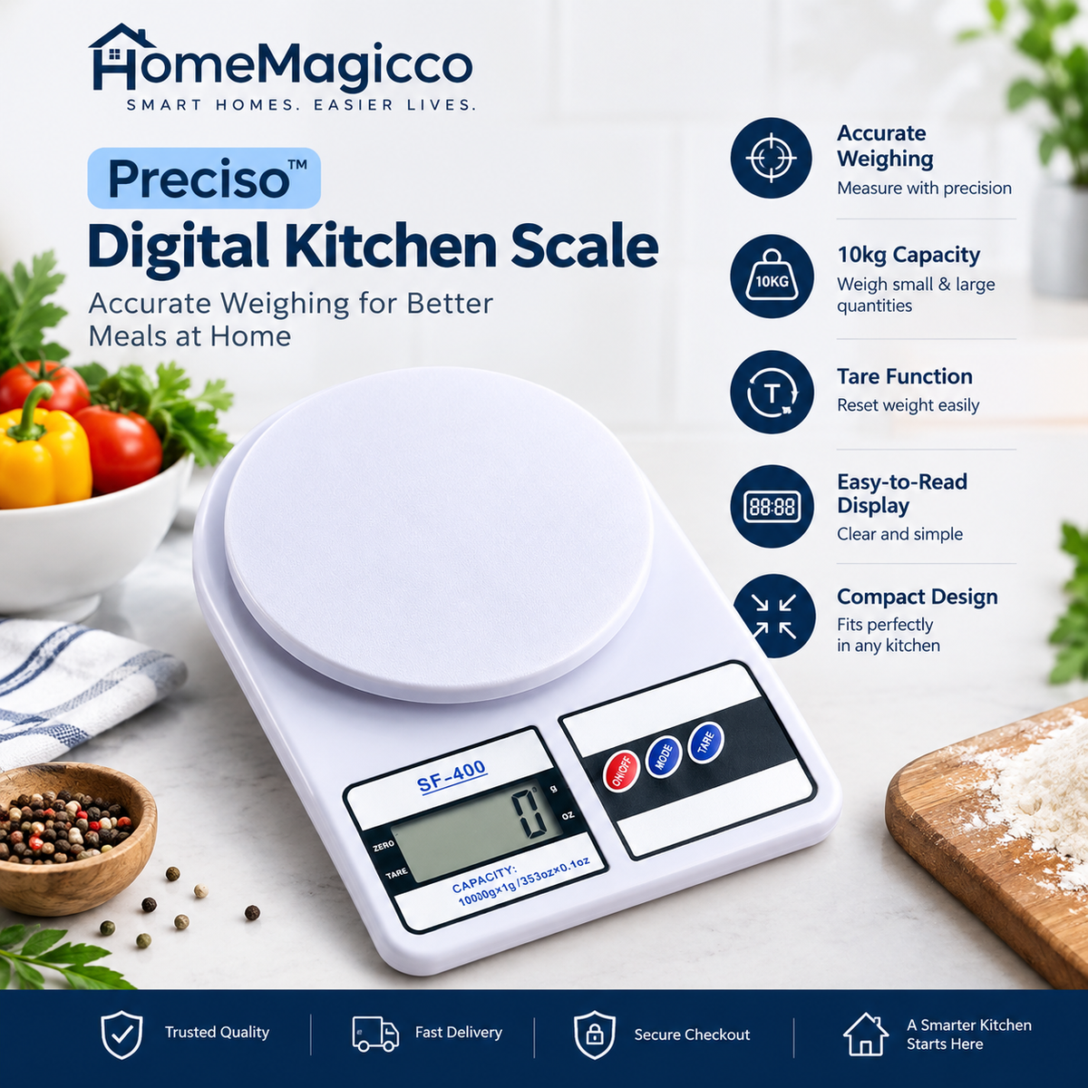 HomeMagicco Preciso™ Digital Kitchen Scale – 10kg High-Precision Food Weighing Scale