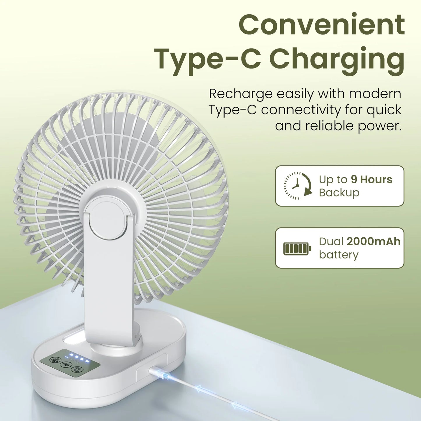 Table Fan (White), Portable Folding Fan, Rechargeable USB Type-C Fan, 3 Speed Battery